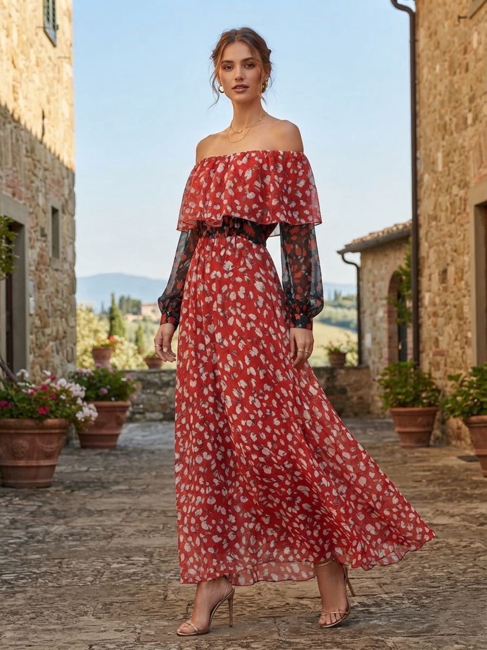 RAQUEL DINIZ 100% Silk Red Floral Off Shoulder Long Sleeve Maxi Dress Size S 38